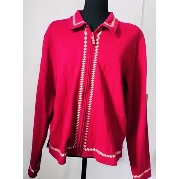 Bechamel Wm's Jacket L Red Full Zip Long Sleeve Gold‎ Embroidered Top Holiday - Picture 1 of 9